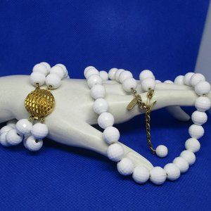 MONET Strung On Gold Tone Chains Faceted Lucite White Beaded Necklace Bracelet